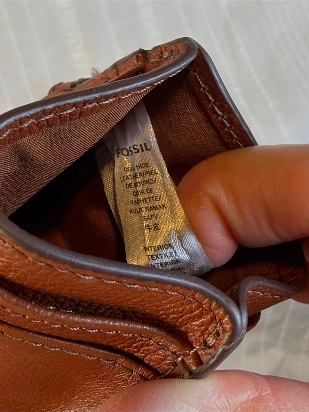 Fossil Genuine Leather Credit Card Holder Wallet Keyring Swivel Brass Fob